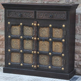 Indian Embossed Antique Brass work Solid wood 2 Door Sideboard 90x40x90cm